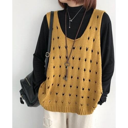 Women Sweater Knit O neck Sleeveless Hollow-out Solid Color 2021 Spring Summer New Big Size Loose Pullovers Coat Female