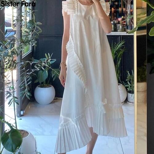Sister Fara New Summer 2021 Asymmetrical Dress Women Sleeveless Draped Patchwork Dresses Office Lady Pullover Ankle-Length Dress