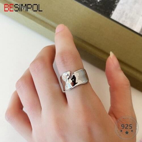 Besimpol 100% Real 925 Sterling Silver Rings Minimalist Style Designer Irregular Glossy Surface Rings For Women Hot Fine Jewelry
