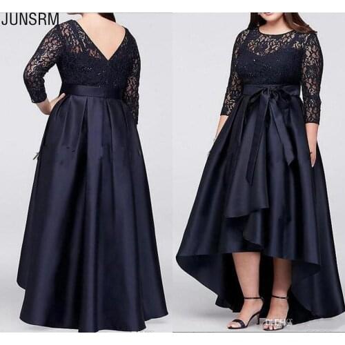 Plus Size Mother of the Bride Dress High Low Three Quarter Sleeve Lace Satin Bow Sash Women Formal Wedding Guest Gowns