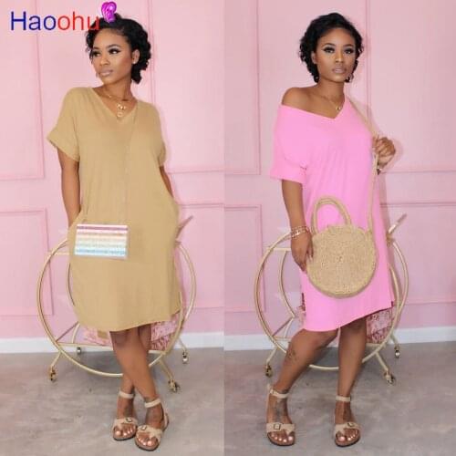 Sexy Pink Yellow Loose Knee Length Dress Summer Women V Neck Short Sleeve Straight Dress Casual Ladies Pocket Club Party Vestido