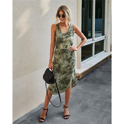 2021 Summer New Women Leopard Print Dress V-Neck Sleeveless Waistband Elastic Waist Dress Women Casual Fashion Streetwear Dress