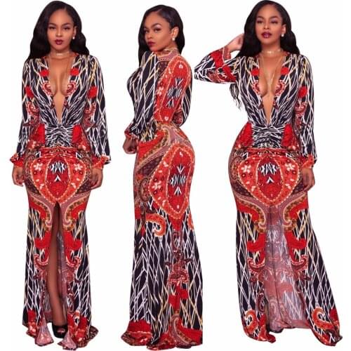 Women Sexy deep V-neck Print dress 2019 Spring Party Club bodycon split Dresses Plus size Clothes