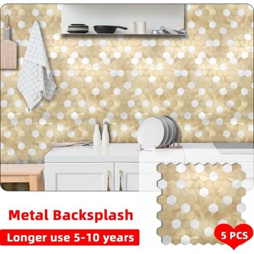 5PCS Wall Backsplash Self Adhesive Metal Tile Peel and Stick Panel Decor Kitchen Bathroom Bedroom Wall stickers Modern Gold