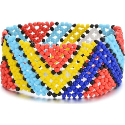 Colorful Retro Bohemia Seed Beads Ethnic Handmade Woven Bracelets Bangles Elastic Bracelet For Women Wide Wristband Cuff Jewelry