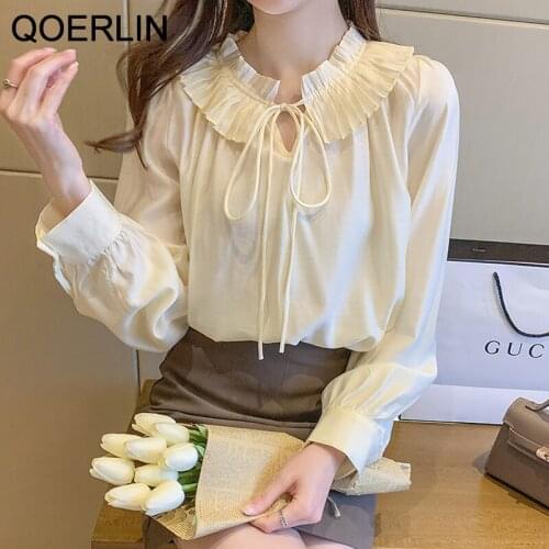 QOERLIN Elegant Korean Long Sleeve Shirt Pleated Collar Female White Blouse Plus Size Lace-Up Casual Tops Apricot Women Clothing