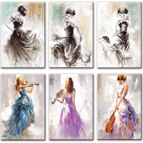 Elegant Girl Playing The Violin and Dance Canvas Paintings Ballerina Abstract Wall Art Posters And Prints Pictures Cuadros