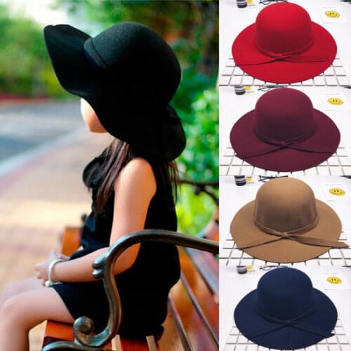 New Arrival Retro Style Children Girls Floppy Wide Brim Big Felt Hat Bowknot Beach Hat Sun Hat Outdoor Black Red For 2-8 Years