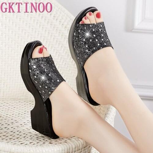 GKTINOO Women Slippers 2021 Ladies Summer Slippers Genuine Leather Shoes Women High Heels Fashion Wedges Summer Shoes