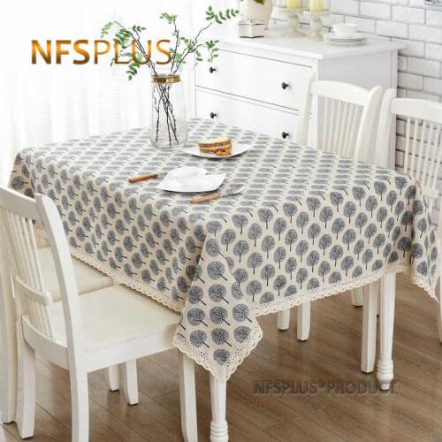 Cotton Linen Tablecloth with Lace Trim Floral Printed Table Cover for Wedding Party Christmas Picnic Home Decorative Table Cloth