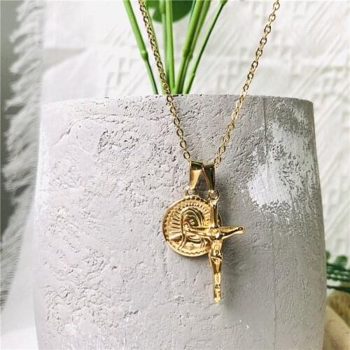 Ins Style Catholic Virgin Mary Necklaces For Women Stainless Steel Jesus Cross Pendant Collares Para Mujer Drop shipping