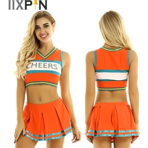 Women Cheerleader Costume Ballet Jazz Dance Costume Rave Outfit V Neck Sleeveless Crop Top with Mini Pleated Skirt Cheer Uniform