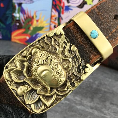 Buddha Brass Belt Buckle Leather Belt Men Ceinture Jeans Cowboy Man Belt Leather Genuine Riem Belt Male Cinturon Waist MBT0073