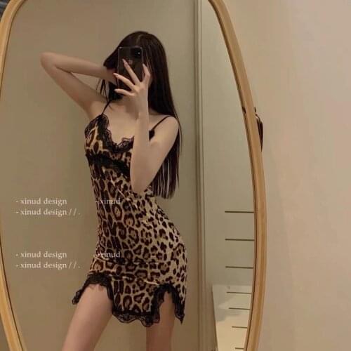 Fashion Women Sexy Lingerie Nightclub Style Lace Sling Femme V-Neck Leopard Lingerie Sleepwear Dress Underwear Nightdress