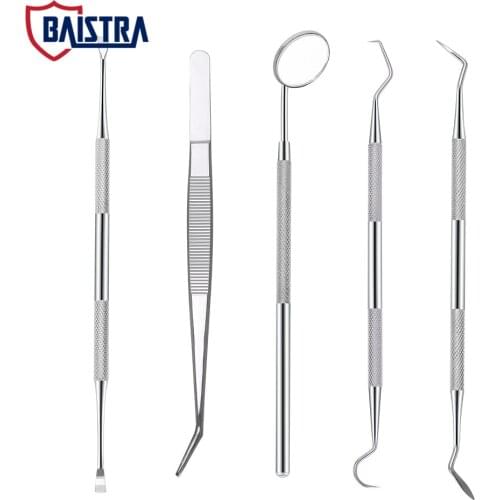 Dental Cleaning Kit Household Teething Tools Set Stainless Steel Tweezers Straight/Elbow Probe Mouth Mirror Triangle Shovel