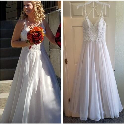 Cheap A Line Lace Wedding Dresses 2021 robe de mariee Spaghetti Straps Open Back Tulle Wedding Gowns Custom Made Bridal Dress