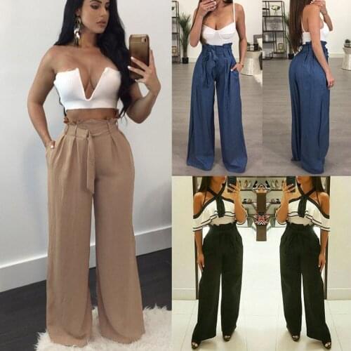 2020 New Women Clothes High Waist Palazzo Denim Look Wide Leg Pants Long Loose Sashes Pants Culottes Trouser