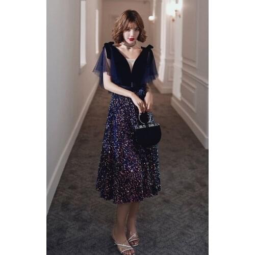 Charming Velvet Sequins Evening Gown Unique Sleeves V Neck Long Prom Dress Custom Made