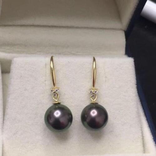 Pair of AAA++ 10-11mm round tahitian black green pearl earring yellow gold