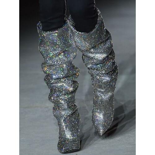Stunning Shiny Crystal Slouch Boots Spike Heel Runway Knee High Boots Slip On Pointy Toe Party Women Boots Studded Handmade