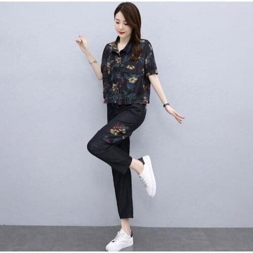 Casual Fashion Explosive Denim Print Suit Ladies 2021 New Summer Dress Plus Size Western Fashion Two-Piece Suit