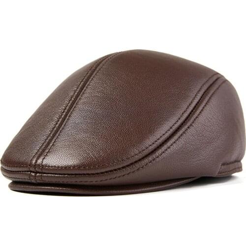 QPALCR Flat Caps Men Real Leather Duckbill Hats Berets Earflaps Black Casual Directors Cap Male Vintage Winter Driving Caps