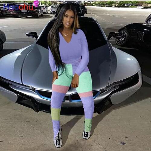 HAOOHU Sexy Two Piece Jumpsuit V-neck Top+Side Split Patchwork Pants Tracksuit Fall Women Clothing Club Outfits Matching Sets