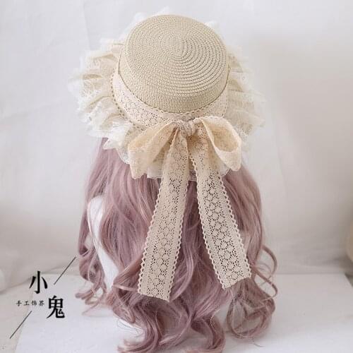 Sweet Cute Sister Lace Bow Straw Hat Lolita Travel Sun-Proof Ribbon Straw Parent-Child Hat