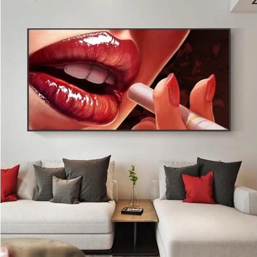 Modern Sexy Women Smoking Canvas Painting Red Lips Posters and Prints Quadros Wall Art Picture for Living Room Home Decoration