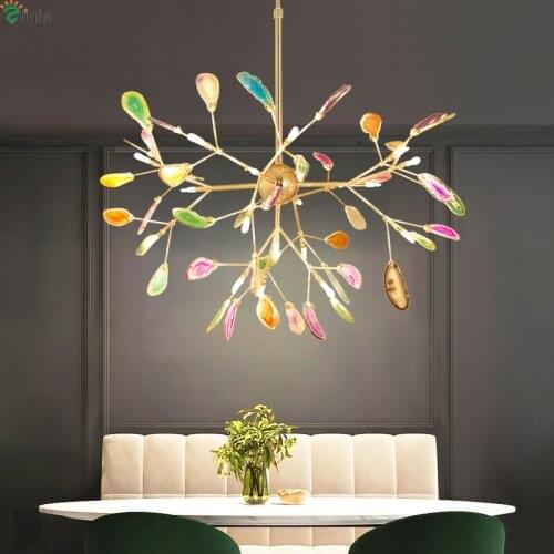 Modern Agate Led Chandeliers Lighting Living Room Gold Metal Led Pendant Chandelier Lights Dining Room Led Hanging Lamp Fixtures