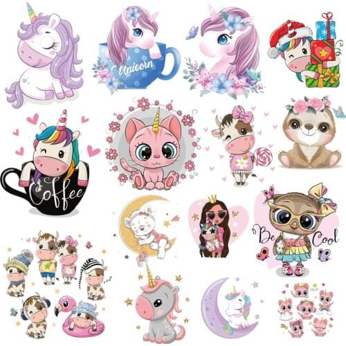 Beautiful Animals Unicorn Heat Transfer For Clothing Iron On Cartoon Cat Transfers For Clothes Applique Stickers For Diy T-shirt