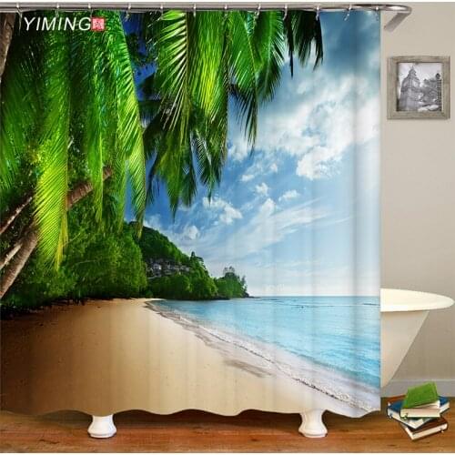 New style seaside beach palm tree landscape print bathroom waterproof shower curtain polyester home decoration curtain with hook