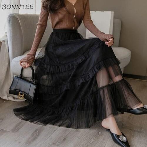 Skirts Women Mesh Folds Solid Summer Elegant Loose High Elasticity A-Line Mid-Calf Empire Korean Fashion Clothing All-match Ins
