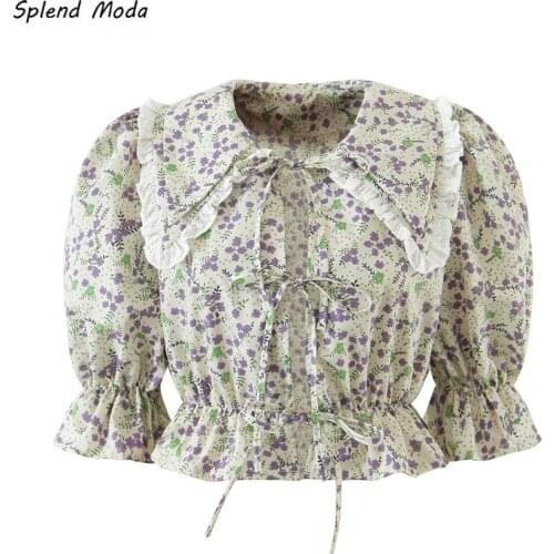 French Vintage Peter Pan Collar Five-Point Puff Sleeve Floral Printed Blouse Women Summer 2021 Ruffled Lace-Up Top