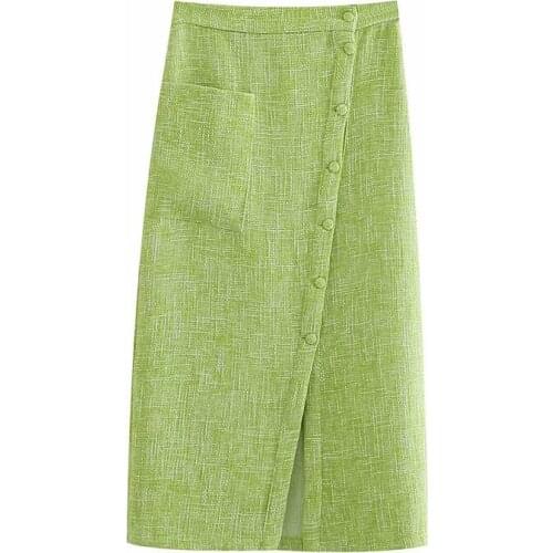 2021 Womens Fashion Sexy Green Pocket Midi Skirt Single Row Buttons Solid Color Texture Vintage Female High Waist Dress