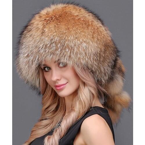 Women Winter Real Natural Fur Silver Red Fox Hat With Pom Pom Fox Tail Lady Winter Warm Hats Soft Hairy Cap
