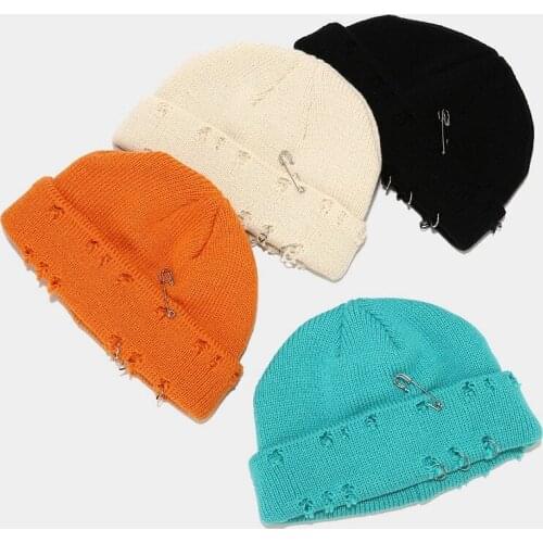 WZCX Hole Pin Iron Ring Hip Hop Unisex Beanie Melon Cap Solid Color Elasticity Boy Girl Spring Autumn Ski Cap Knitted Hat