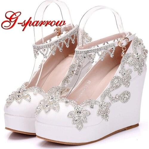 2018 New Fashion Silver Rhinestone Wedge Heels White Color Wedding Shoes Ankle Straps Beautiful Lady Party Prom Heels Plus Size