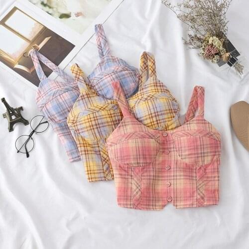Women Camis Halter Top Women Camisole 2019 Summer sweet plaid Sleeveless Slim Low Chest Button Crop Top Roupas Femininas G512
