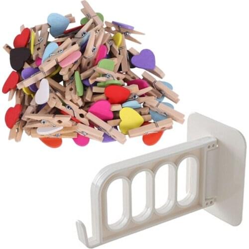 100Pcs Mini Wooden Love Heart Pegs Photo Paper Clip & 1 Pcs Clothes-Hook Plastic Wall Mount Traceless Storage Holders