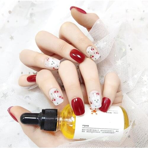 24Pc Cherry Red False Fake Nails Tips Decorated Press On Short Designs With Glue