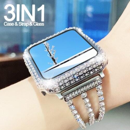 Diamond Case+strap For Apple Watch band 40mm 44mm 38mm 42mm Bumper Protective Cover For iWatch Series 6 5 4 3 2 se accessories