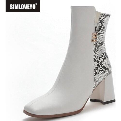 SIMLOVEYO 2021 Spring Autumn Fashion Ladies Boots Snakeskin Velvet Square Toe Short Plush Zip 6cm Chunky Heel US12 White A4346