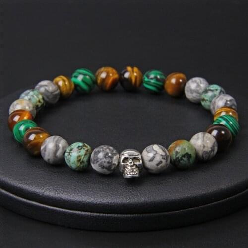 Fashion Skull Bracelet Men Natural Stone Tiger Eye Malachite Turquoises Beads Charm Energy Bracelet For Women Men Buddha Jewelry