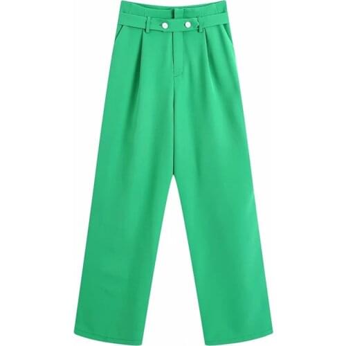 TRAF Za 2021 Green Pants Women High Waist Wide Leg Trousers Buttonted Belt Baggy Wide Pants Woman Summer Streetwear Pants