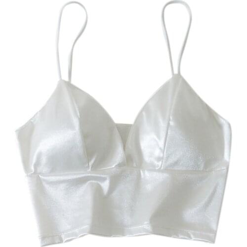 Women Sexy Silky Satin Spaghetti Strap Bralette Deep V-Neck Solid Color Camisole Crop Top Wireless Padded Bra Wrapped Chest Unde