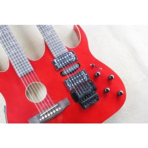 Double neck red electric guitar,6 strings guitar 12 strings semi hollow guitar,tremolo bridge,HH pickups,pearl inl
