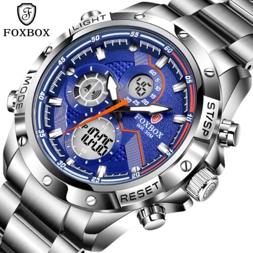 FOXBOX Mens Watch 30M Waterproof 316L Stainless Steel Wristwatch Sport Chronograph Stylish Gift for Man Alarm Clock 2021 New+Box