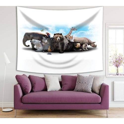 Tapestry Elephant Zebra Bear and Rhino Wild Nature Animals Cloudy Sky Cartoon Artwork Brown Blue White