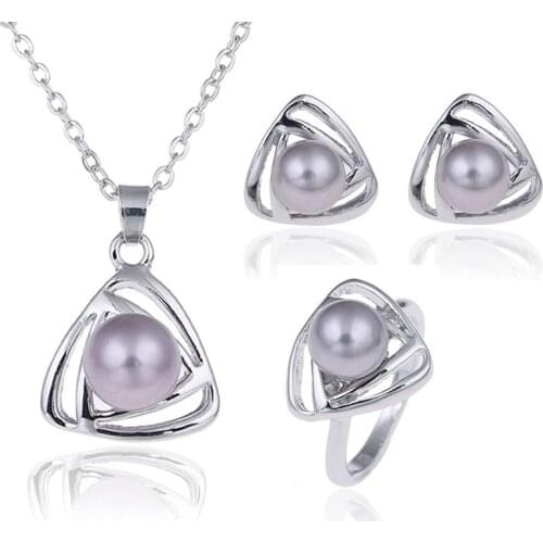 Fine jewelry s925 sterling silver color suitable for ladies wedding pearl set triangle gray necklace earrings ring set yw018